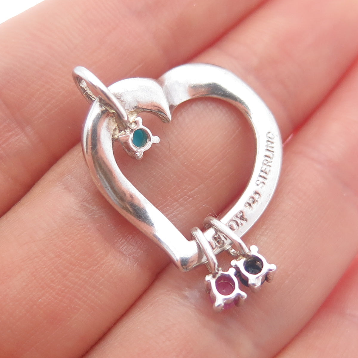 LENOX 925 Sterling Silver Vintage Real Ruby Sapphire & Turquoise Heart Pendant