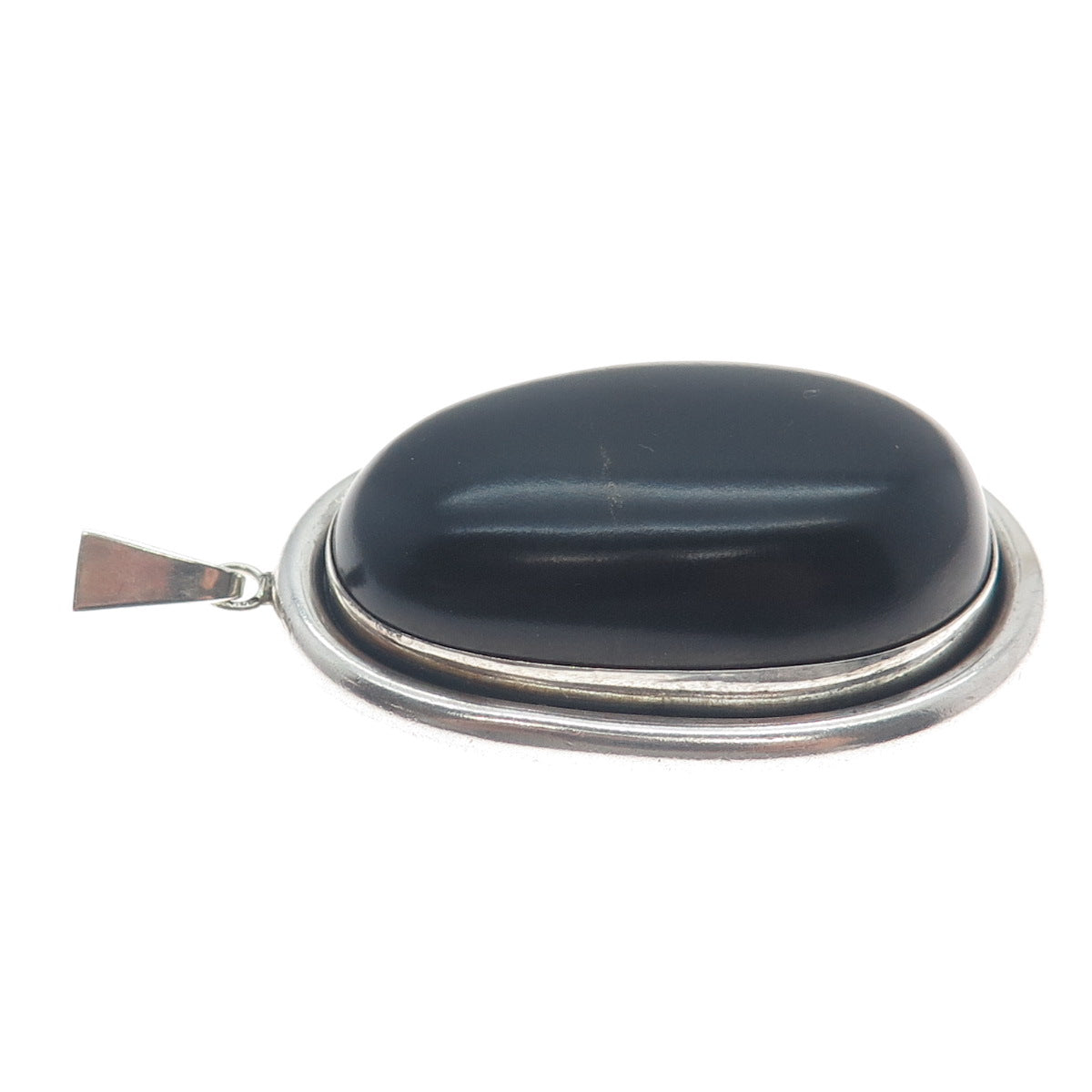 925 Sterling Silver Vintage Poland Black Bakelite Gemstone Large Pendant