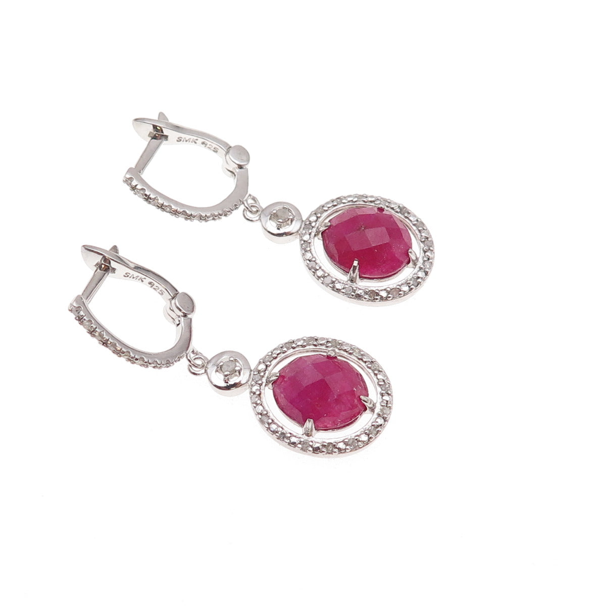 925 Sterling Silver Real Diamond & Ruby Dangle Earrings