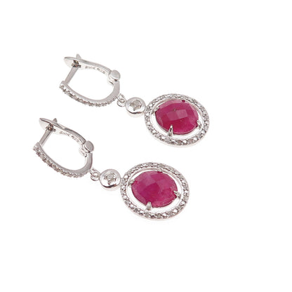 925 Sterling Silver Real Diamond & Ruby Dangle Earrings
