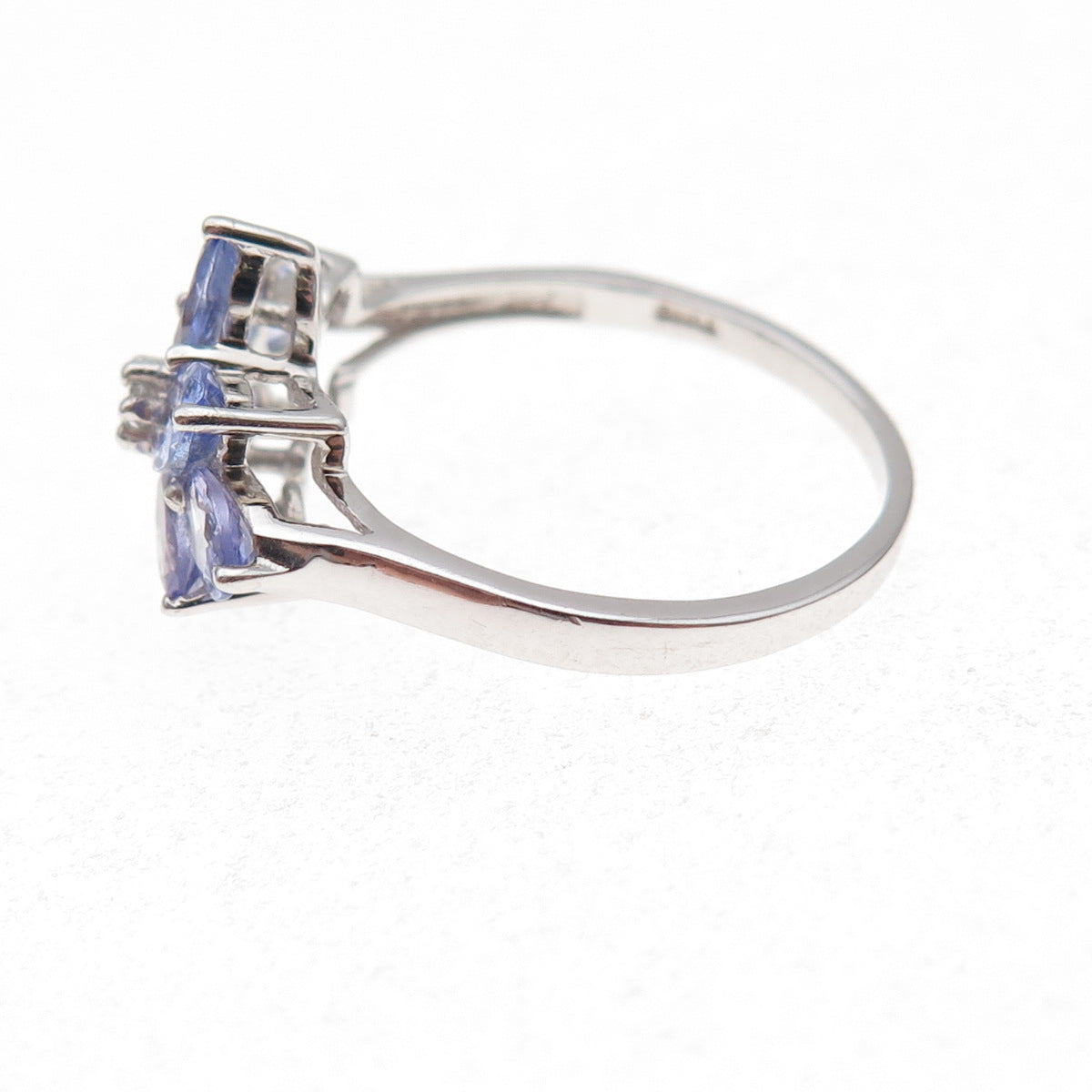 925 Sterling Silver Real Tanzanite & White Topaz Floral Ring Size 8