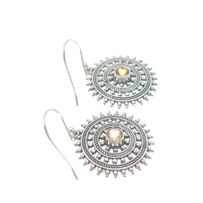 925 Sterling Silver Vintage Real Yellow Topaz Wheel of Fortune Dangle Earrings