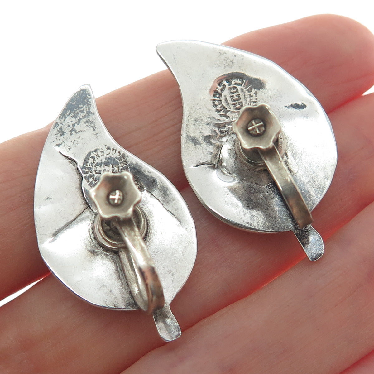 925 Sterling Silver Vintage Mexico Abalone Shell Floral Leaf Screw Back Earrings