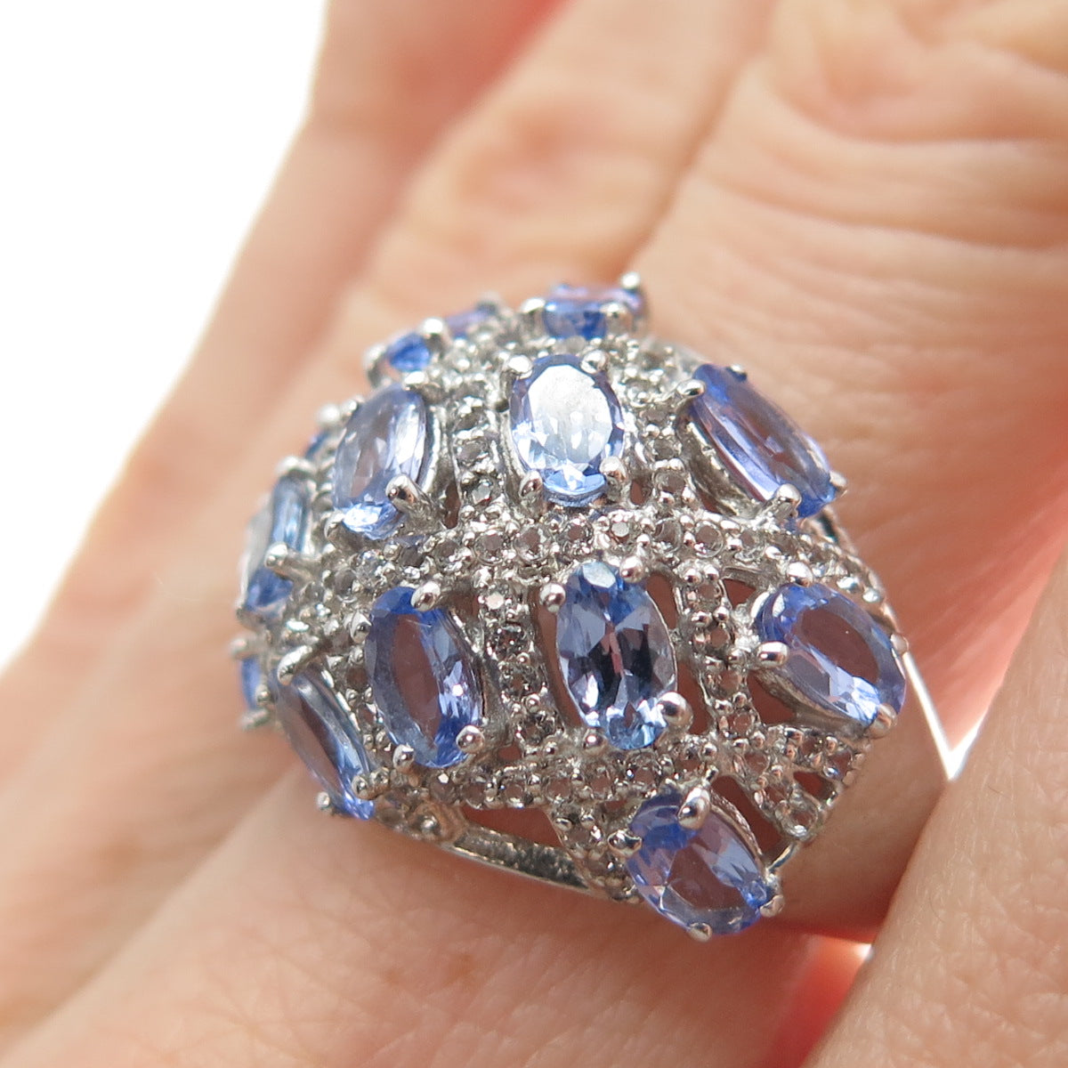 925 Sterling Silver Real Oval-Cut Tanzanite & Round-Cut White Topaz Ring Size 7