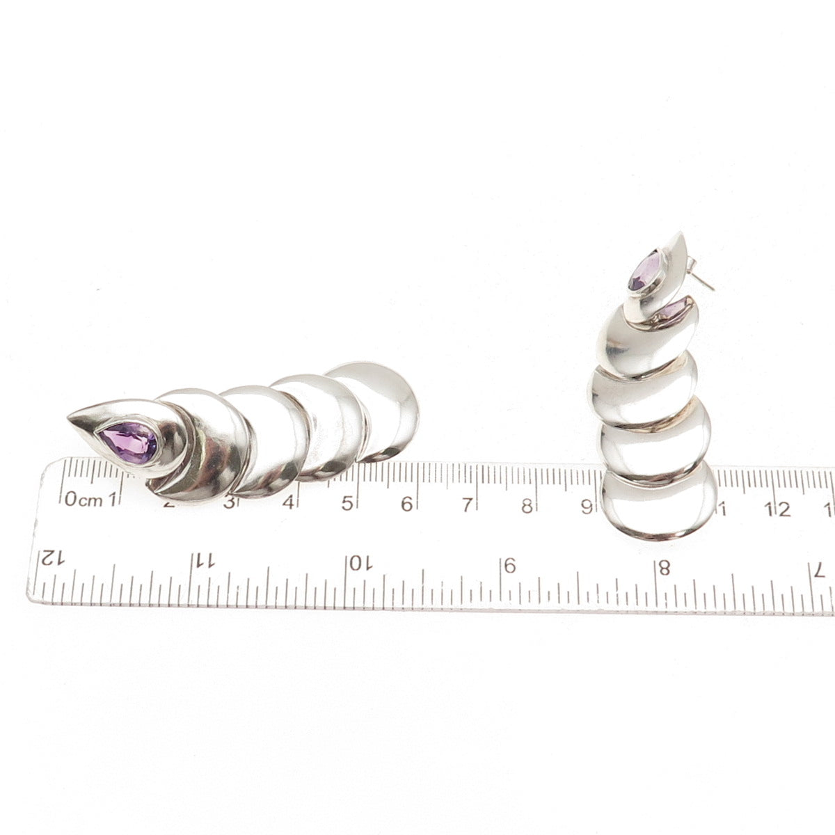 925 Sterling Silver Vintage Real Amethyst Modernist Oxidized Dangle Earrings