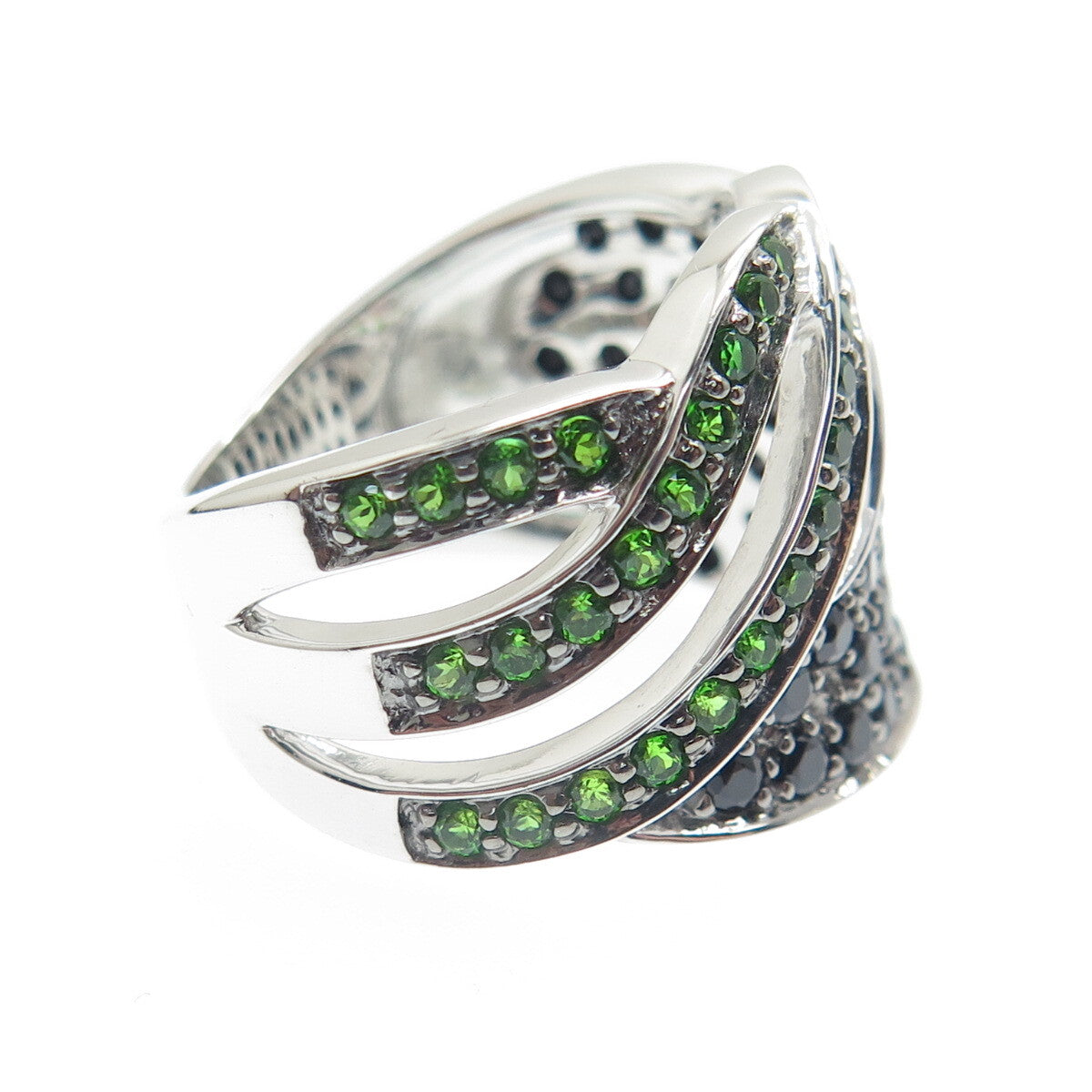 DSMK 925 Sterling Silver Chrome Diopside & Black Spinel Gem Wide Ring Size 6.25