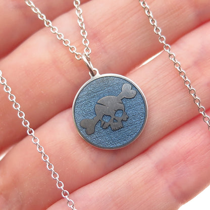 925 Sterling Silver Blue Enamel Skull Round Tag Cable Chain Necklace 18"
