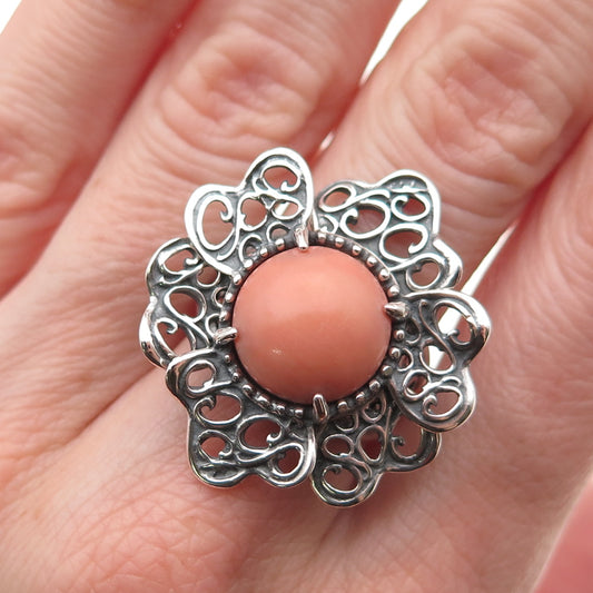Carolyn Pollack Sterling Silver Vintage Real Peach Coral Floral Ring Size 7.25