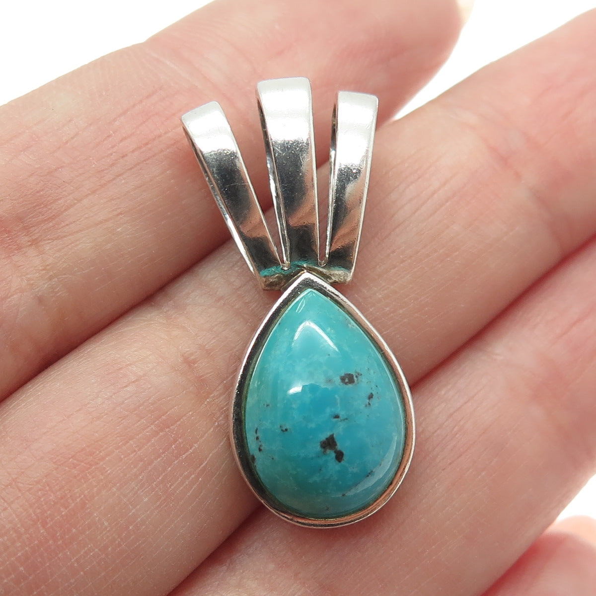 925 Sterling Silver Vintage S&G Real Pear-Cut Turquoise Modernist Pendant