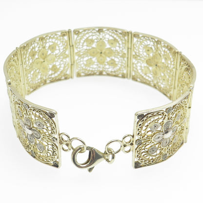 925 Sterling Silver Gold Plated Vintage Italy Filigree Panel Link Bracelet 7.25"