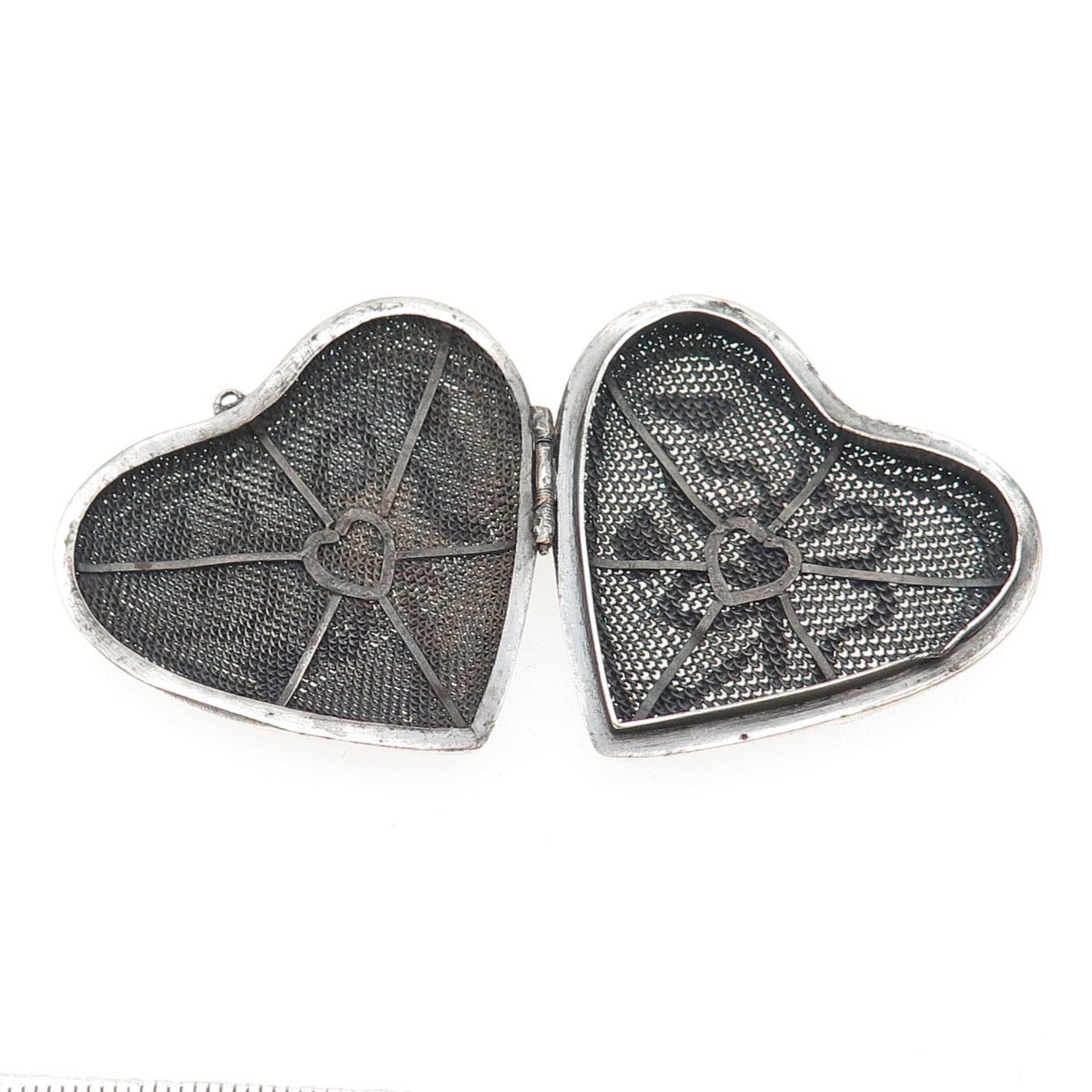 925 Sterling Silver Antique Art Deco Enamel Mesh Heart Locket Oxidized Pendant