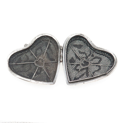 925 Sterling Silver Antique Art Deco Enamel Mesh Heart Locket Oxidized Pendant