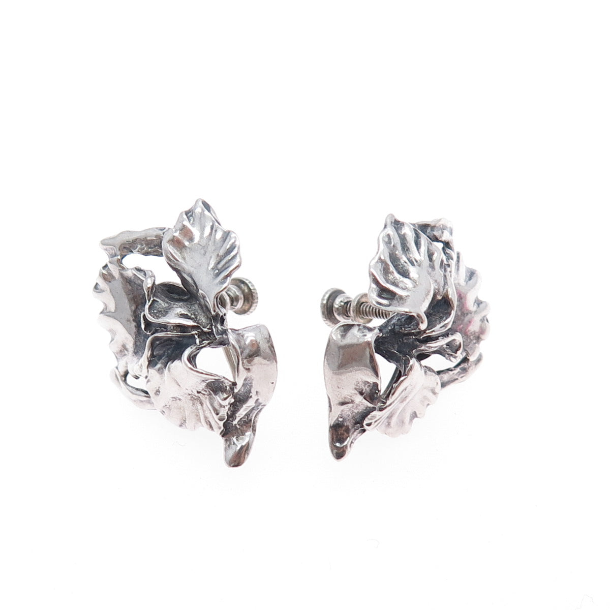 925 Sterling Silver Vintage Calla Lily Flower Oxidized Screw Back Earrings