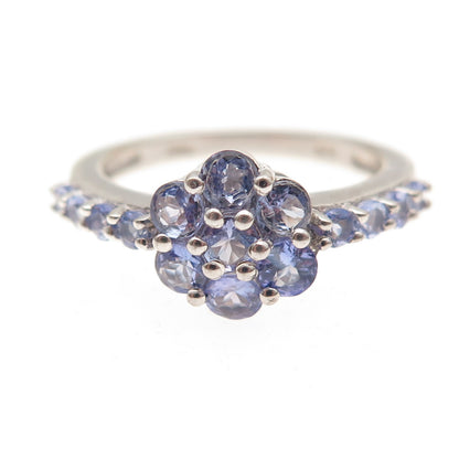 Chuck Clemency 925 Sterling Silver Real Round-Cut Tanzanite Floral Ring Size 7