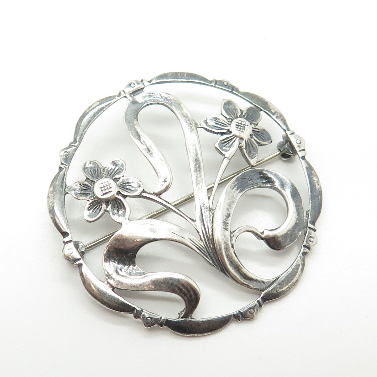 925 Sterling Silver Vintage Floral Blossom Round Pin Brooch