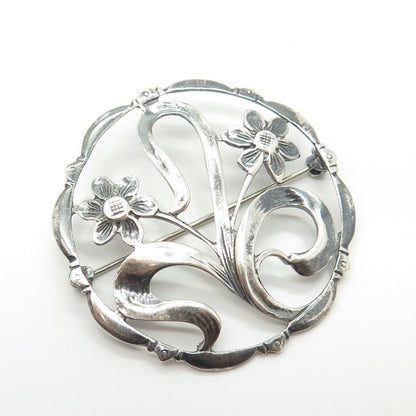 925 Sterling Silver Vintage Floral Blossom Round Pin Brooch