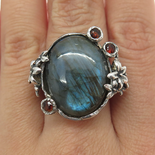 925 Sterling Silver Vintage Real Labradorite Garnet Lily Oxidized Ring Size 8.5