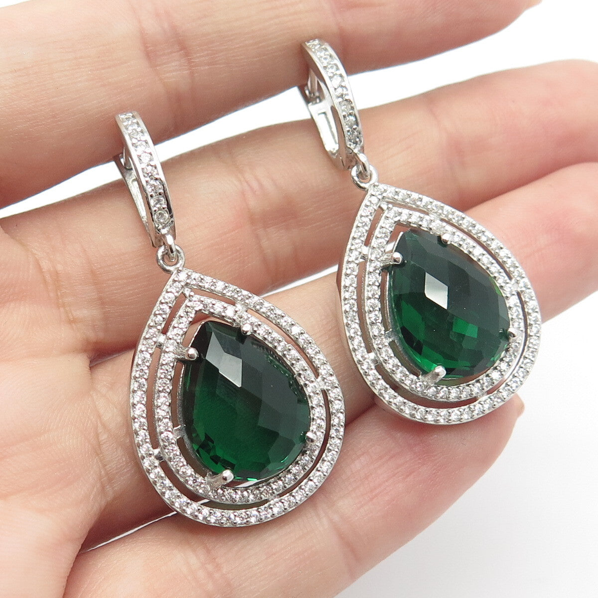 925 Sterling Silver White & Green C Z Dangling Earrings