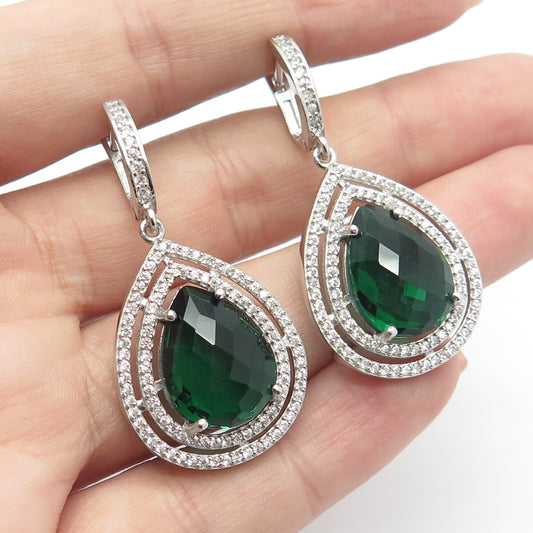 925 Sterling Silver White & Green C Z Dangling Earrings