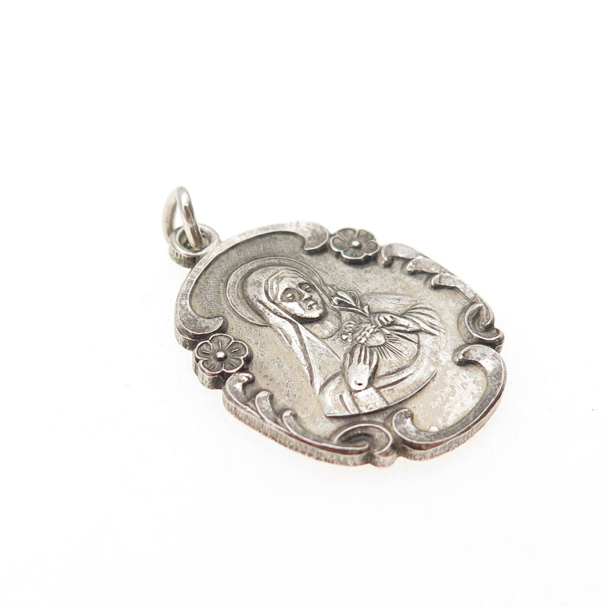 925 Sterling Silver Antique Art Deco St. Mary Miraculous Oxidized Charm Pendant