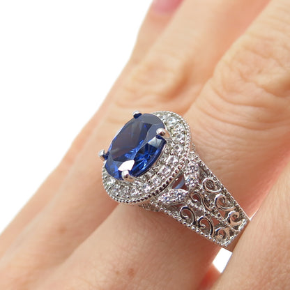 925 Sterling Silver Oval-Cut Blue & Round-Cut White C Z Ring Size 10.25
