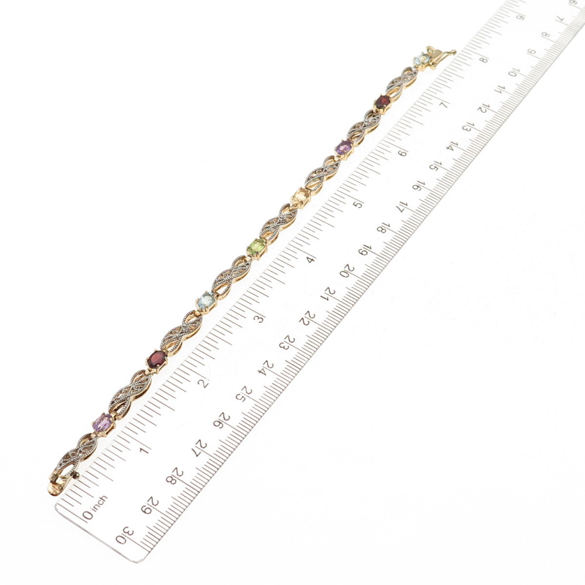 925 Sterling Silver Gold Plated Real Diamond & Multi-Gem Infinity Bracelet 7.25"