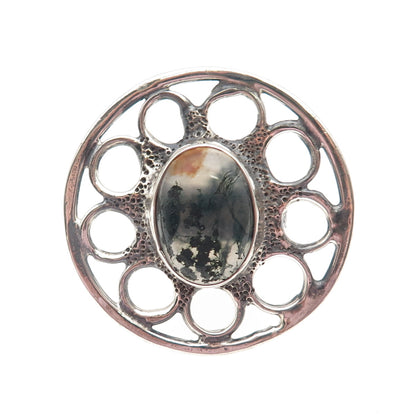 925 Sterling Silver Vintage Real Moss Agate Oxidized Statement Ring Size 5.75