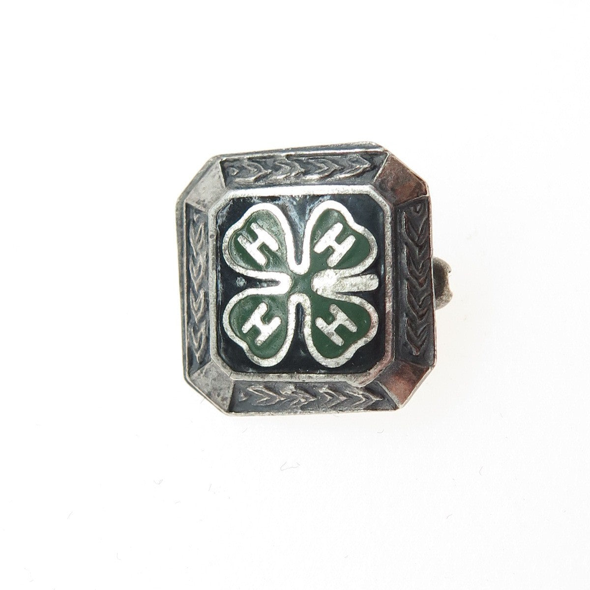925 Sterling Silver Vintage Enamel 4-H Club Membership Achievement Pin Brooch