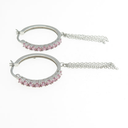 925 Sterling Silver Round-Cut Pink C Z Tassel Hoop Earrings