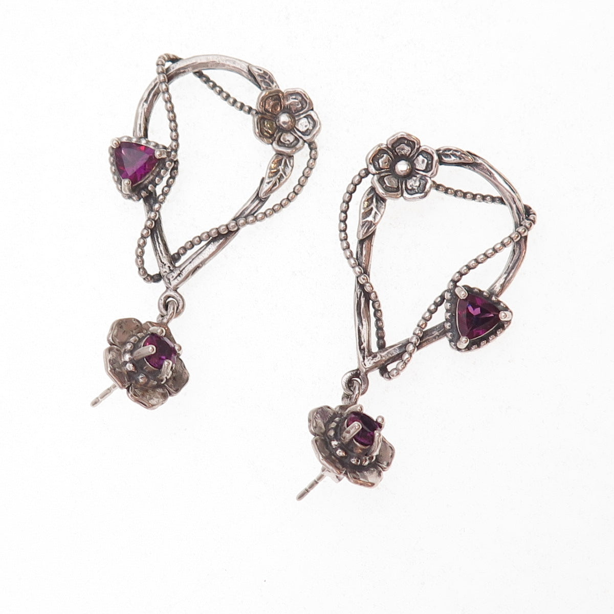 Or Paz PZ Sterling Silver Vintage Israel Real Amethyst Floral Teardrop Earrings