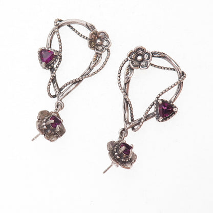 Or Paz PZ Sterling Silver Vintage Israel Real Amethyst Floral Teardrop Earrings