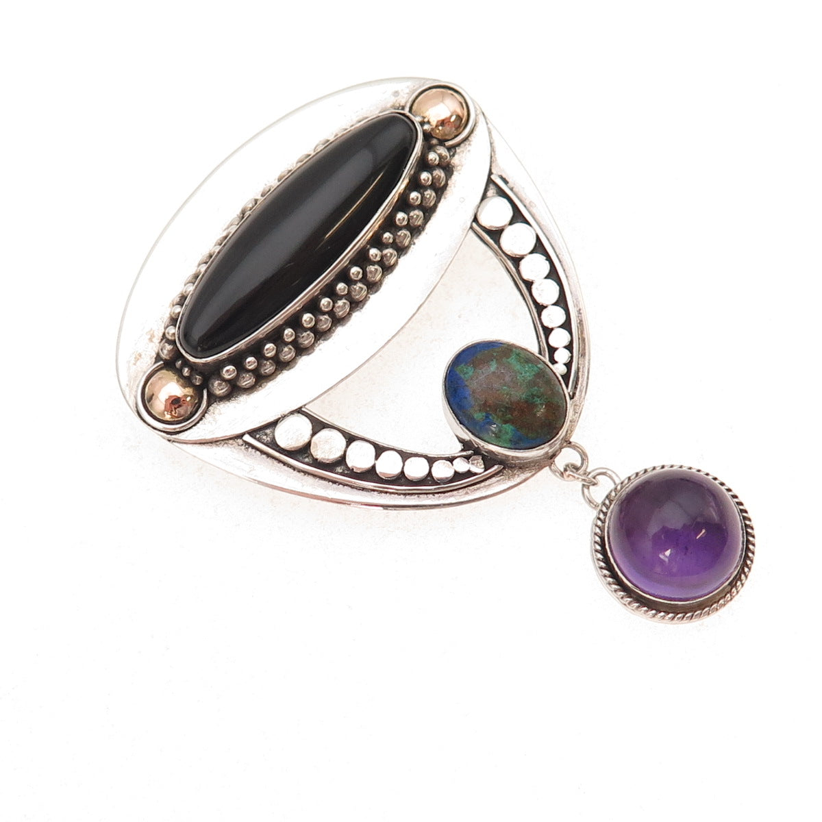925 Sterling Gold Accent Vintage Real Azurite Amethyst Onyx Pin Brooch / Pendant