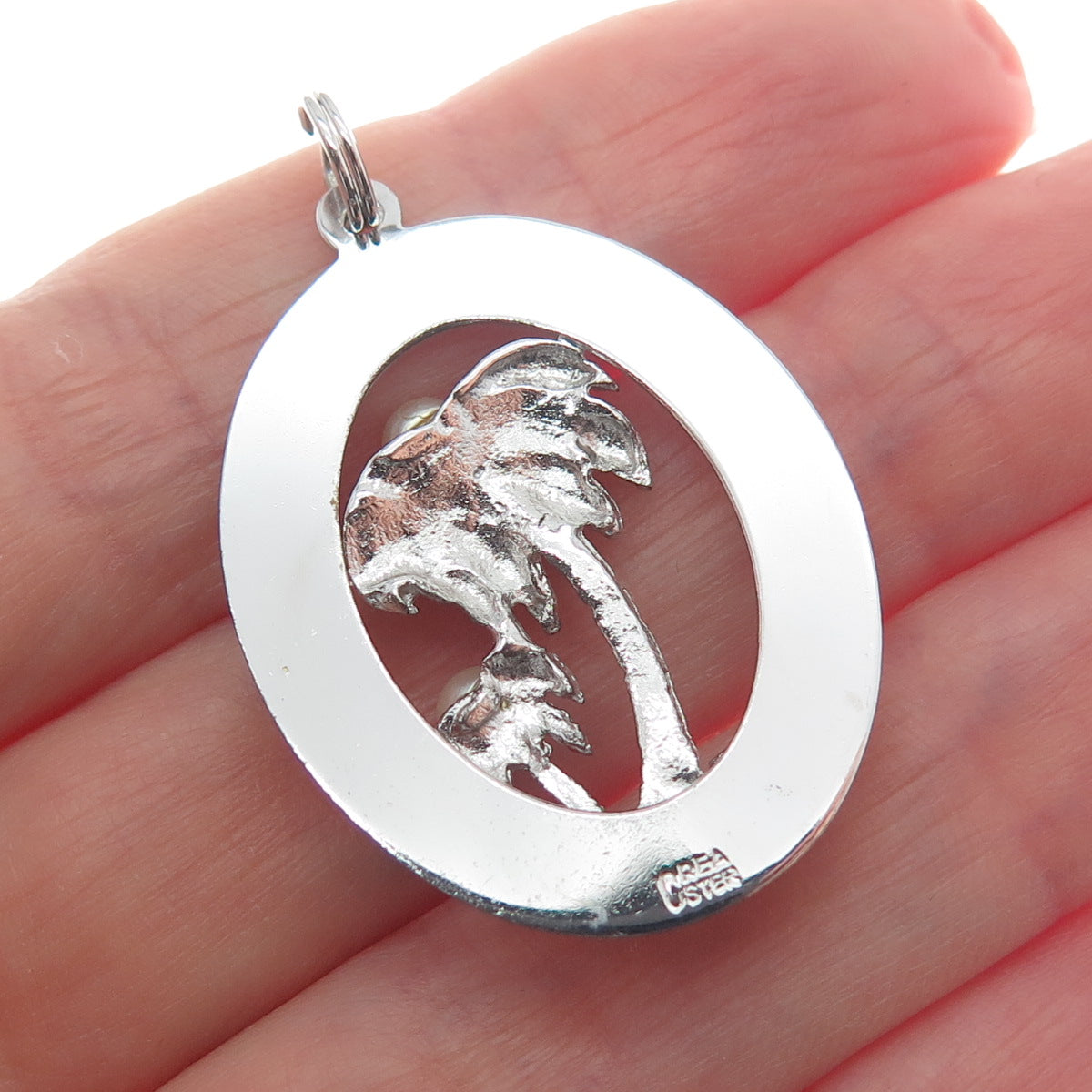 CREA 925 Sterling Silver Vintage Real Pearl Rhinestone Nassau Palm Tree Pendant