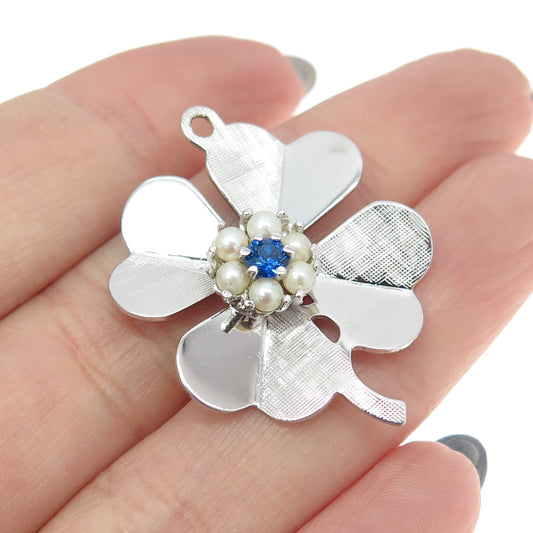 CROWN SILVER Sterling Vintage Real Pearl & Lab-Created Sapphire Clover Pendant