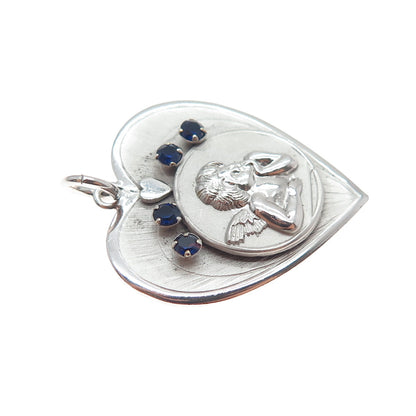 RICHARDSON KING CO. Sterling Silver Vintage Real Sapphire Cherub Heart Pendant