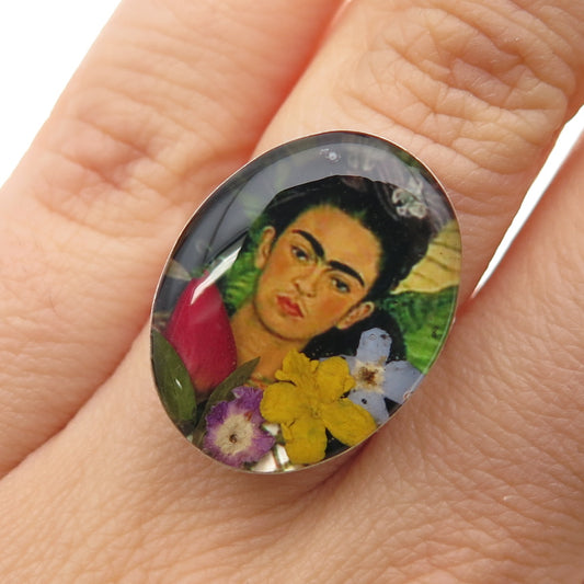 925 Sterling Silver Vintage Pressed Flower Frida Kahlo Portrait Ring Size 6