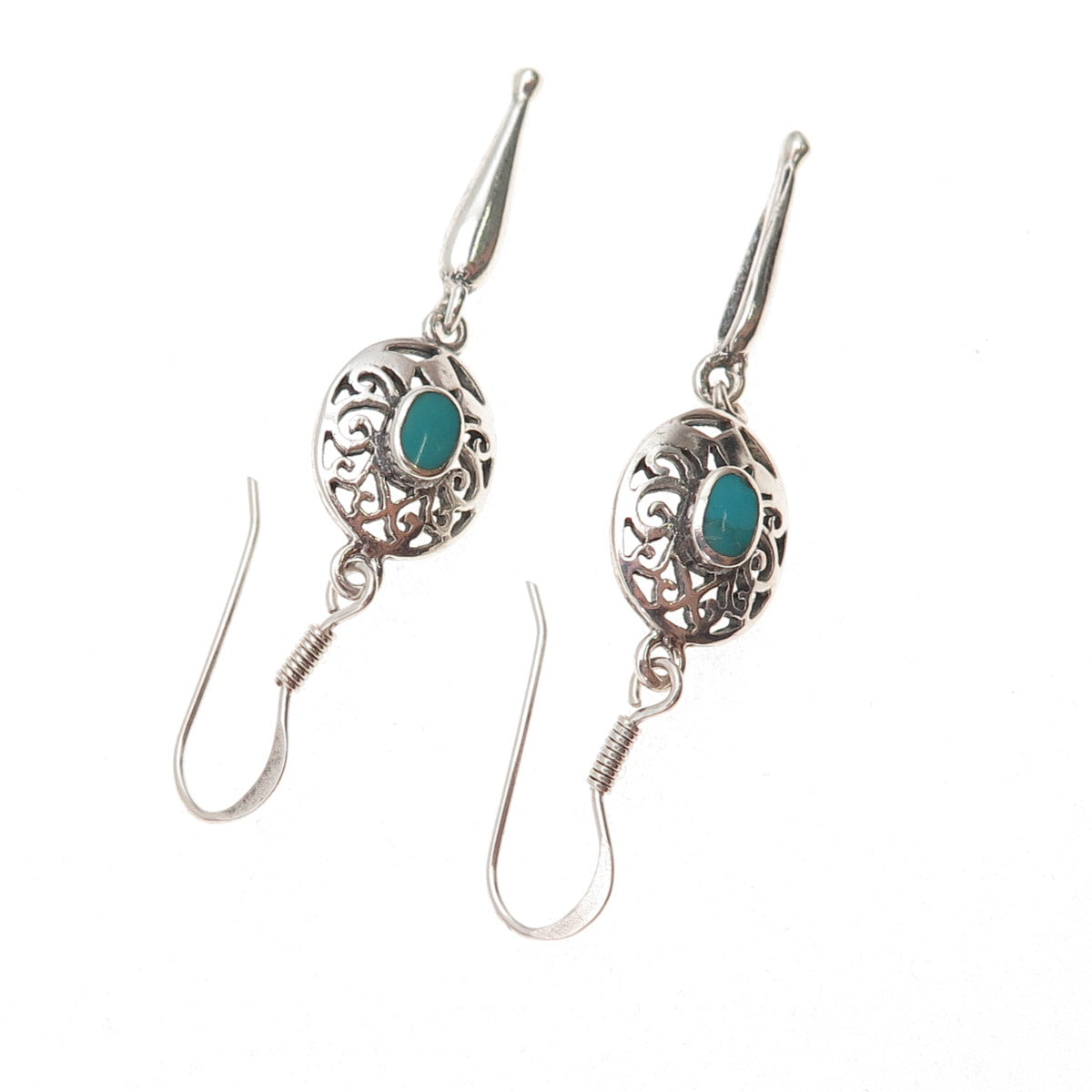925 Sterling Silver Vintage Real Turquoise Floral Oxidized Dangle Earrings