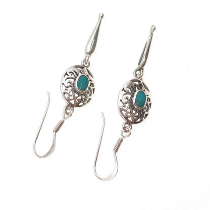 925 Sterling Silver Vintage Real Turquoise Floral Oxidized Dangle Earrings