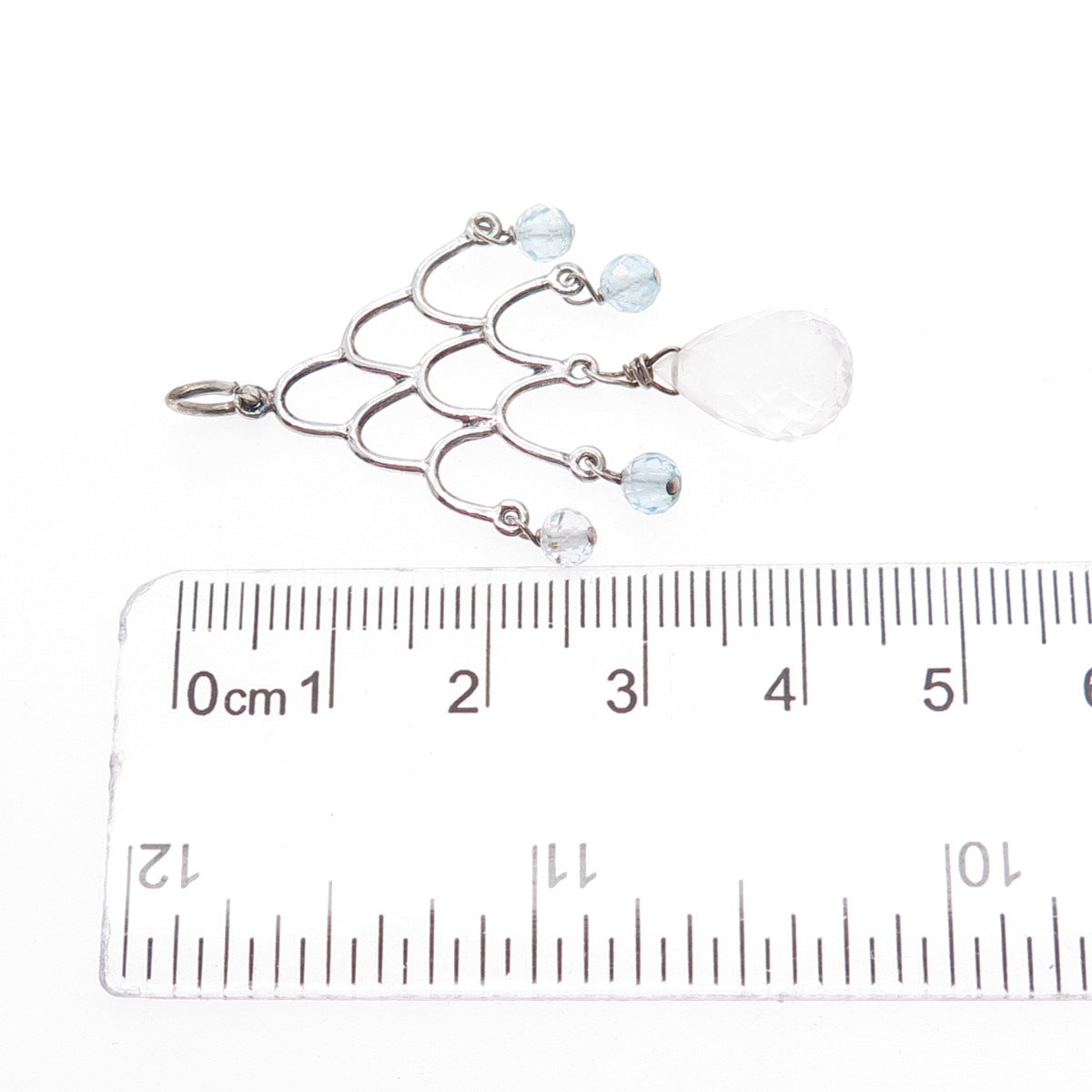 925 Sterling Silver Vintage Real Clear Quartz & Blue Topaz Chandelier Pendant