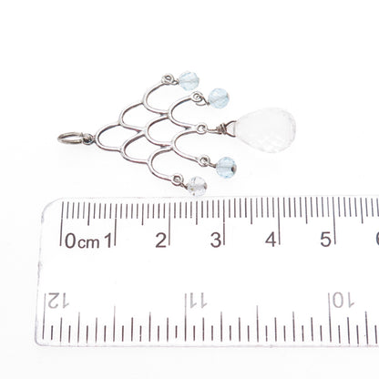 925 Sterling Silver Vintage Real Clear Quartz & Blue Topaz Chandelier Pendant