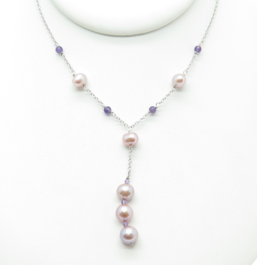 VAR 925 Sterling Silver Real Pearl & Amethyst Cable Chain Necklace 16-18"