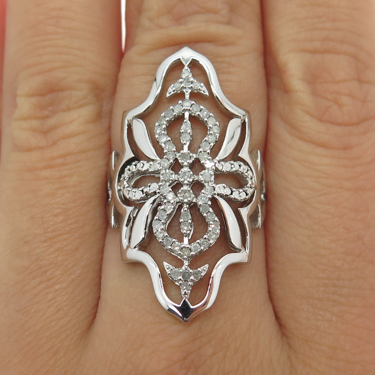 925 Sterling Silver Real Round-Cut Diamond Floral Statement Ring Size 7.25