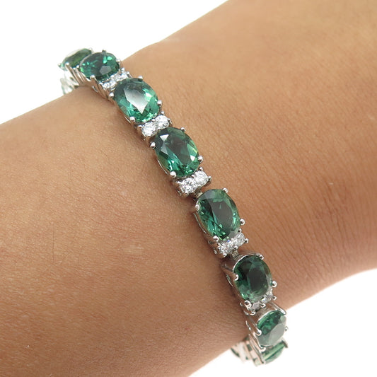 925 Sterling Silver Real Green Tourmaline & C Z Tennis Link Bracelet 6.5"