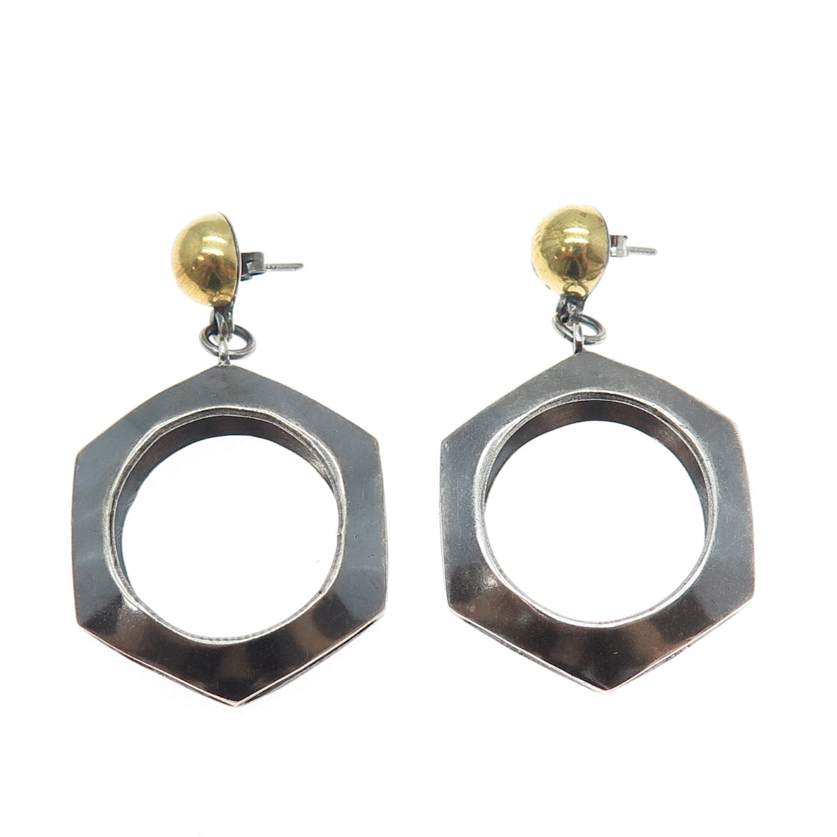 925 Sterling Silver 2-Tone Vintage Modernist Geometric Oxidized Dangle Earrings