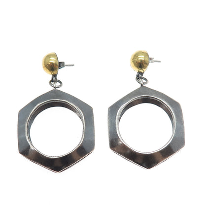 925 Sterling Silver 2-Tone Vintage Modernist Geometric Oxidized Dangle Earrings