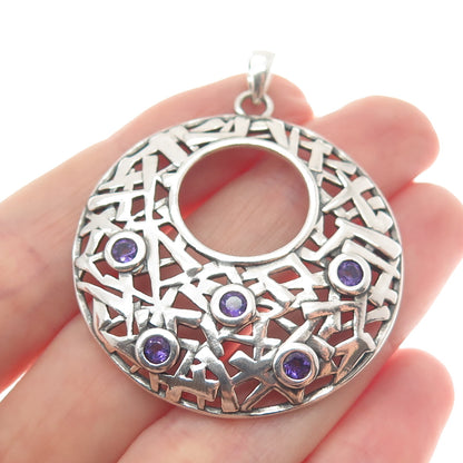 OR PAZ 925 Sterling Silver Vintage Israel Amethyst Ornate Crescent Disc Pendant