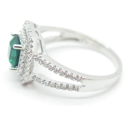 925 Sterling Silver Nano Emerald & Round-Cut C Z Ring Size 9