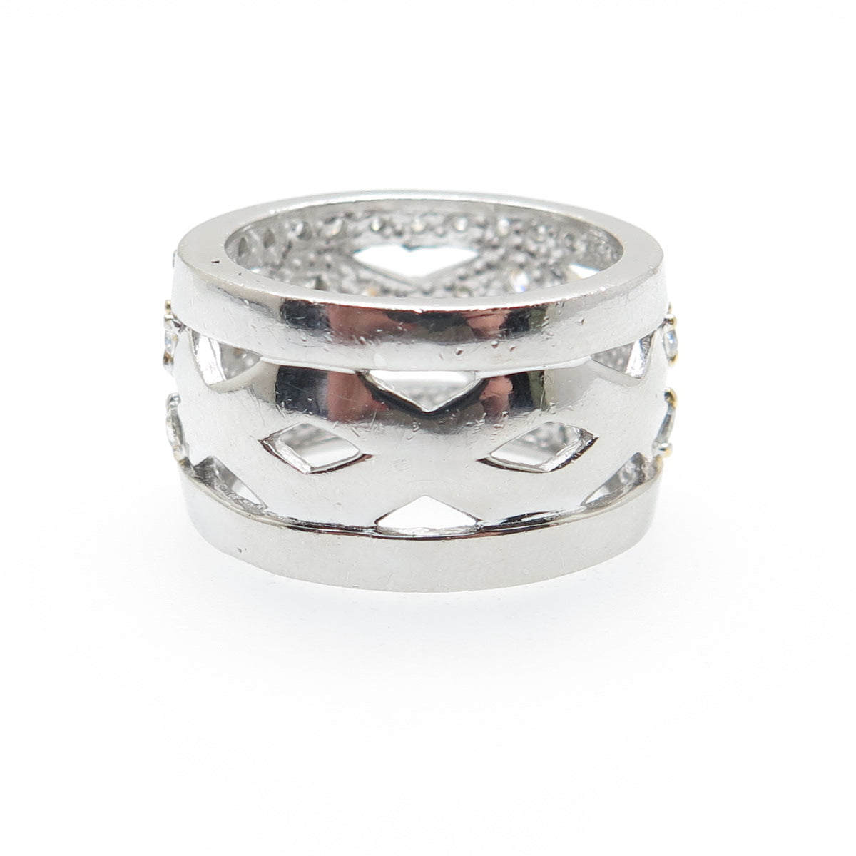 925 Sterling Silver 2-Tone Round-Cut C Z Zig Zag Band Ring Size 7