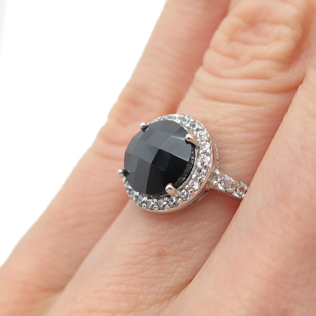 925 Sterling Silver Vintage Real Round-Cut Black Spinel & C Z Ring Size 4.75