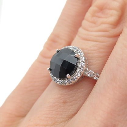 925 Sterling Silver Vintage Real Round-Cut Black Spinel & C Z Ring Size 4.75